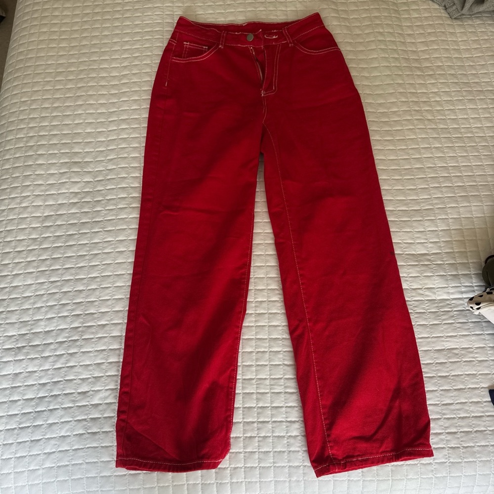 SHEIN Red Pants with White Stitching